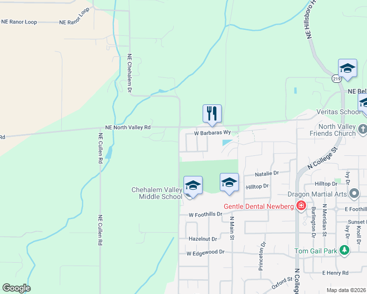 map of restaurants, bars, coffee shops, grocery stores, and more near 3949 North Grace Drive in Newberg
