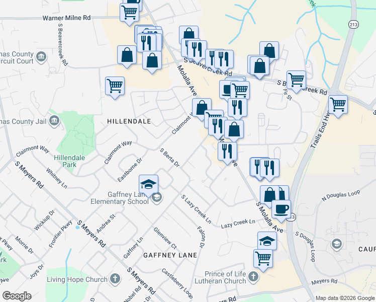 map of restaurants, bars, coffee shops, grocery stores, and more near 13647 Gaffney Lane in Oregon City