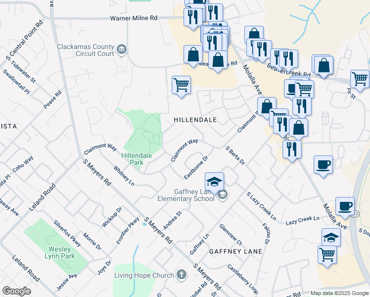 map of restaurants, bars, coffee shops, grocery stores, and more near 13304 Clairmont Way in Oregon City