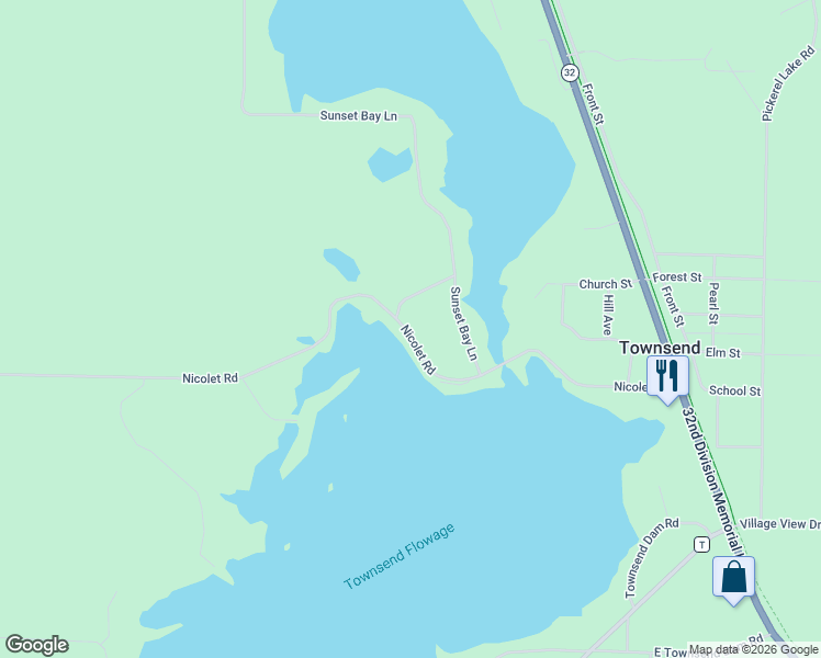 map of restaurants, bars, coffee shops, grocery stores, and more near 16779 Nicolet Road in Townsend