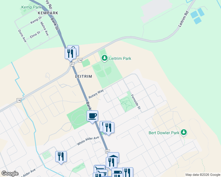 map of restaurants, bars, coffee shops, grocery stores, and more near 205 Kingswell Street in Ottawa
