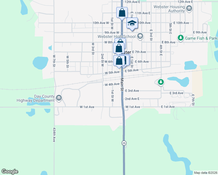 map of restaurants, bars, coffee shops, grocery stores, and more near 101-199 West 4th Avenue in Webster