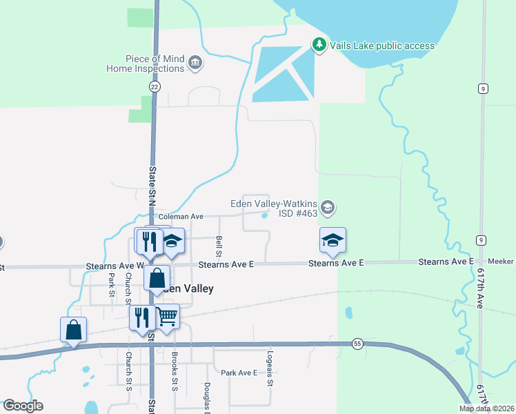 map of restaurants, bars, coffee shops, grocery stores, and more near 543 Coleman Avenue in Eden Valley