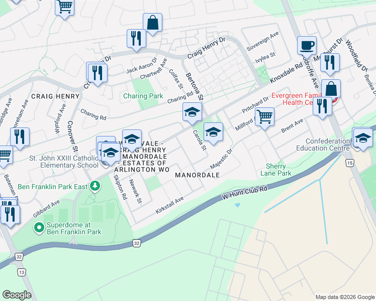 map of restaurants, bars, coffee shops, grocery stores, and more near 9 Newhaven Street in Ottawa