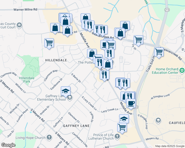 map of restaurants, bars, coffee shops, grocery stores, and more near 13656 Gaffney Lane in Oregon City