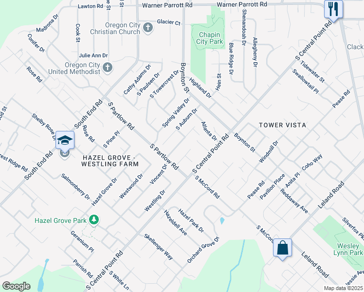 map of restaurants, bars, coffee shops, grocery stores, and more near 19340 South Vincent Drive in Oregon City