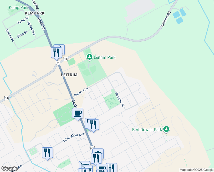 map of restaurants, bars, coffee shops, grocery stores, and more near 324 Laguna Street in Ottawa