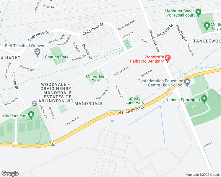 map of restaurants, bars, coffee shops, grocery stores, and more near 58 Majestic Drive in Ottawa