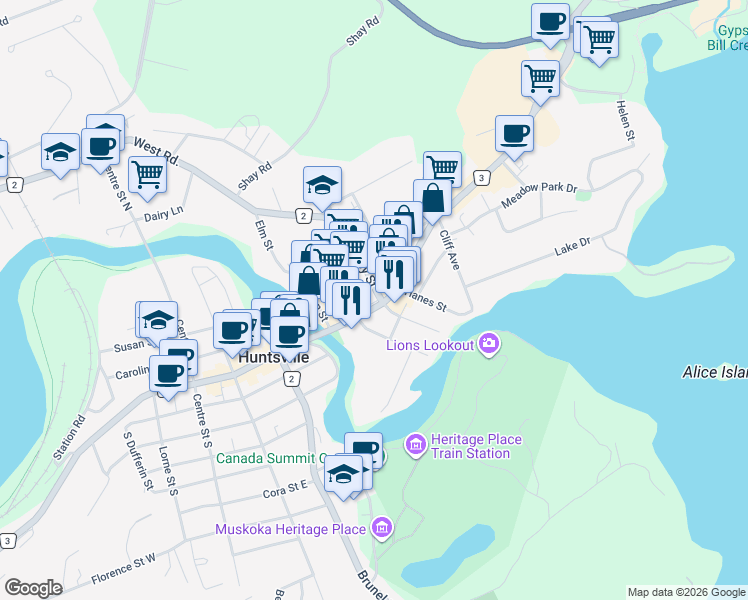 map of restaurants, bars, coffee shops, grocery stores, and more near 114 Main Street East in Huntsville