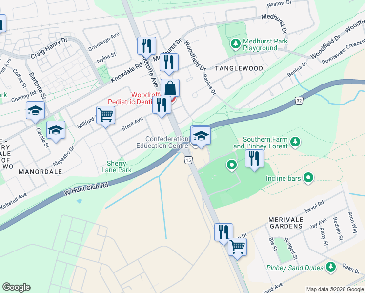 map of restaurants, bars, coffee shops, grocery stores, and more near W Hunt Club Rd & Woodroffe Ave in Ottawa