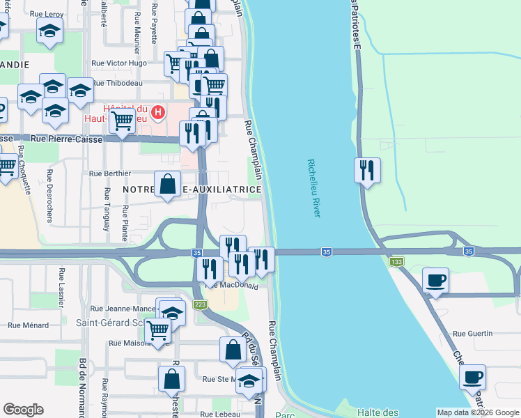 map of restaurants, bars, coffee shops, grocery stores, and more near 726 Rue Champlain in Saint-Jean-sur-Richelieu