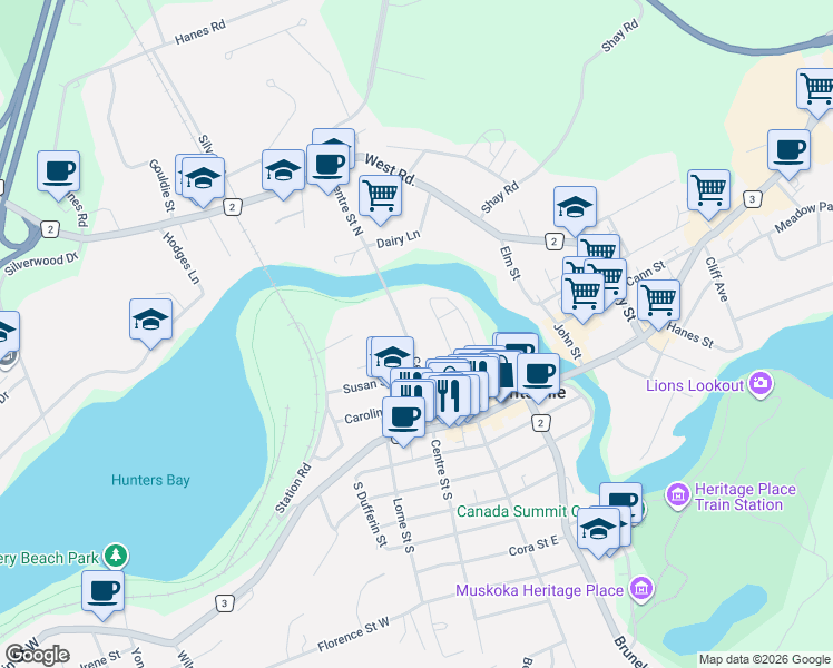 map of restaurants, bars, coffee shops, grocery stores, and more near 24 Centre Street North in Huntsville