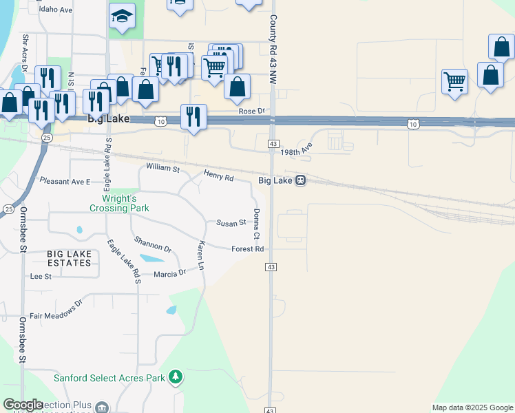 map of restaurants, bars, coffee shops, grocery stores, and more near 325 Donna Court in Big Lake