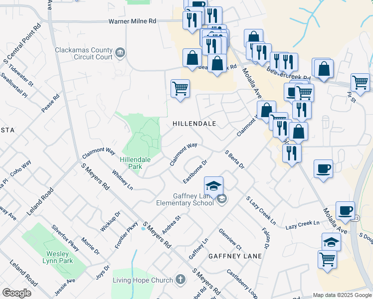 map of restaurants, bars, coffee shops, grocery stores, and more near 13304 Clairmont Way in Oregon City