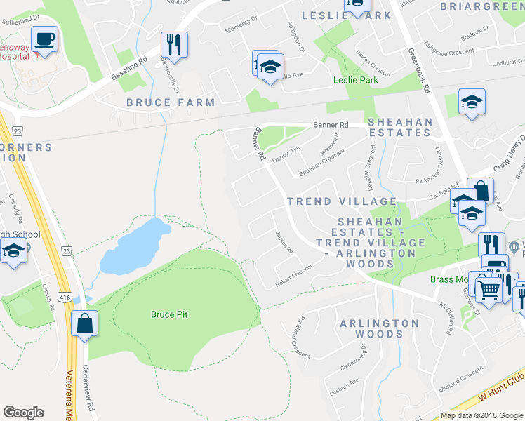 map of restaurants, bars, coffee shops, grocery stores, and more near 25 Grady Crescent in Ottawa