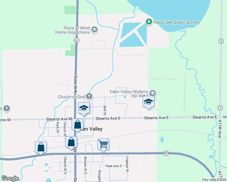 map of restaurants, bars, coffee shops, grocery stores, and more near 523 Coleman Avenue in Eden Valley