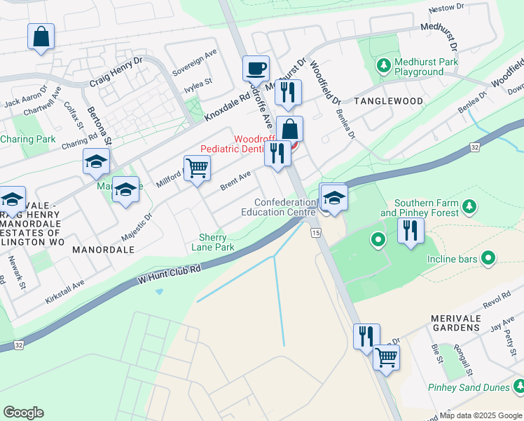map of restaurants, bars, coffee shops, grocery stores, and more near 17 Sherry Lane in Ottawa