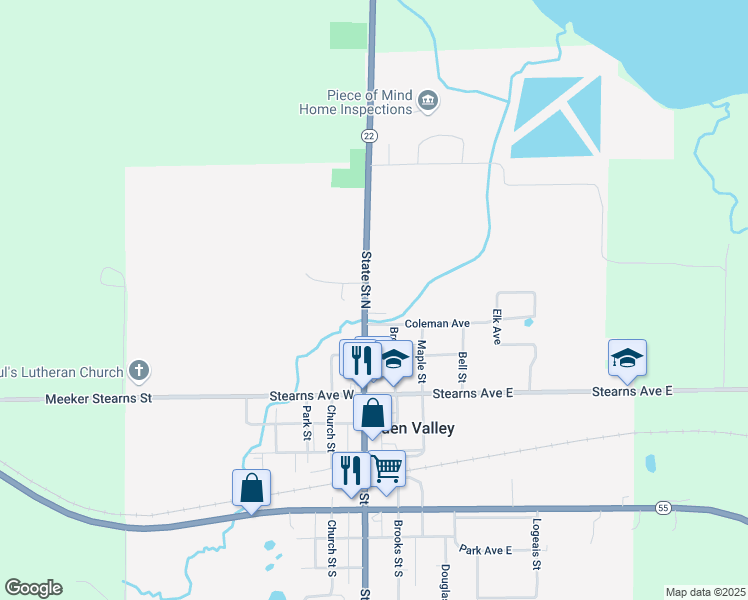 map of restaurants, bars, coffee shops, grocery stores, and more near 656 Minnesota 22 in Eden Valley