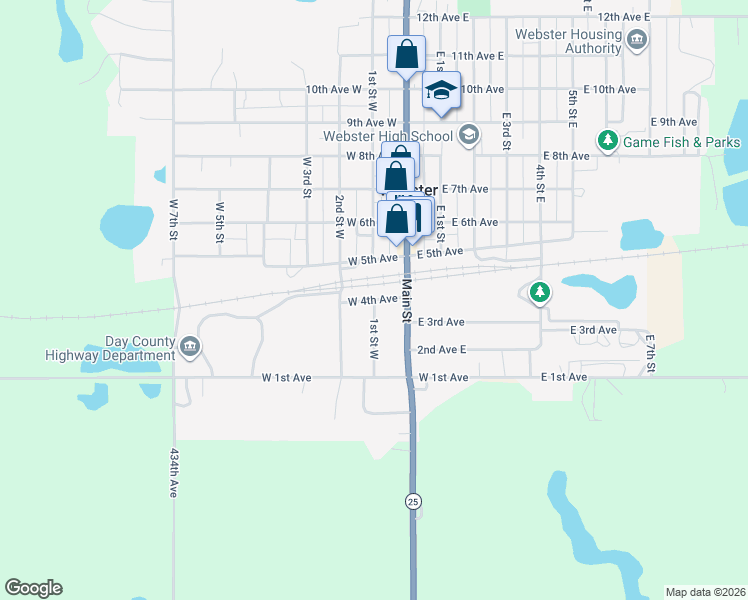 map of restaurants, bars, coffee shops, grocery stores, and more near 101 West 4th Avenue in Webster