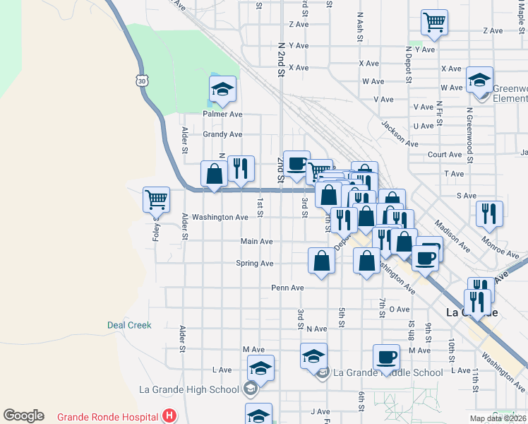 map of restaurants, bars, coffee shops, grocery stores, and more near 701 Washington Avenue in La Grande