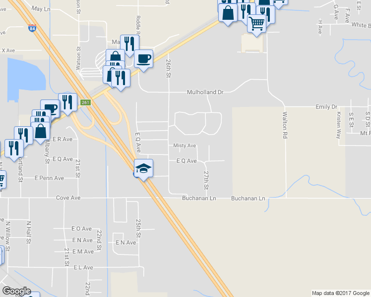 map of restaurants, bars, coffee shops, grocery stores, and more near 2910 Misty Avenue in La Grande