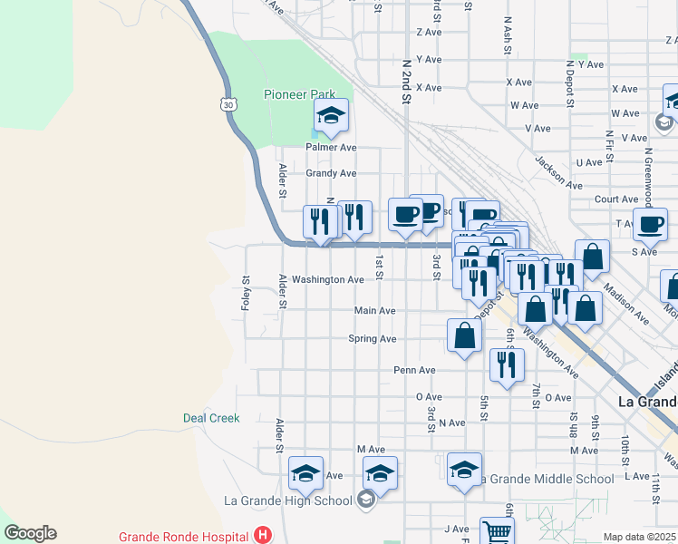 map of restaurants, bars, coffee shops, grocery stores, and more near 602 Washington Avenue in La Grande