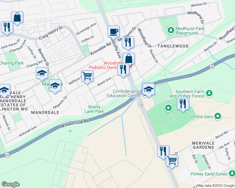 map of restaurants, bars, coffee shops, grocery stores, and more near 17 Sherry Lane in Ottawa