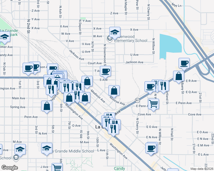 map of restaurants, bars, coffee shops, grocery stores, and more near 1503 Monroe Avenue in La Grande