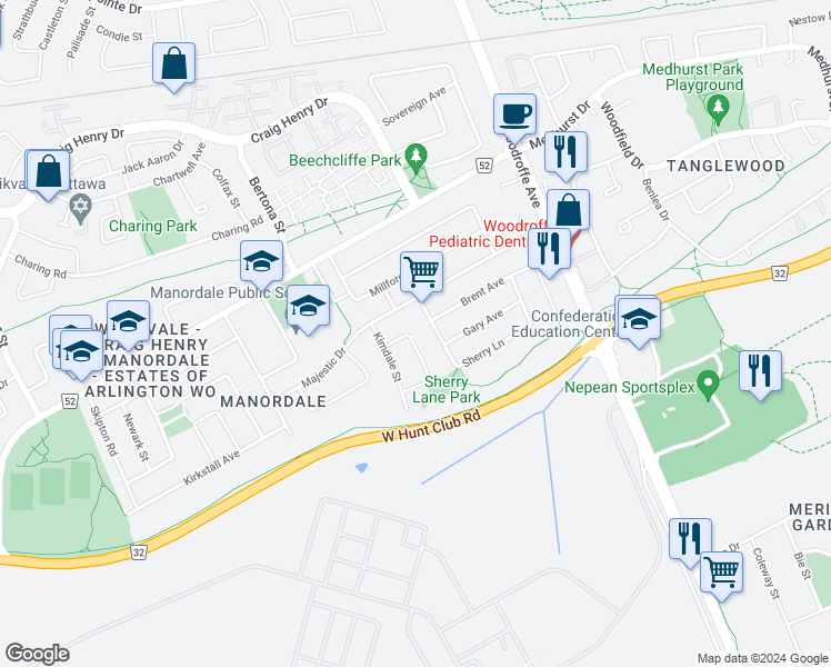 map of restaurants, bars, coffee shops, grocery stores, and more near 9 Ilkley Crescent in Ottawa