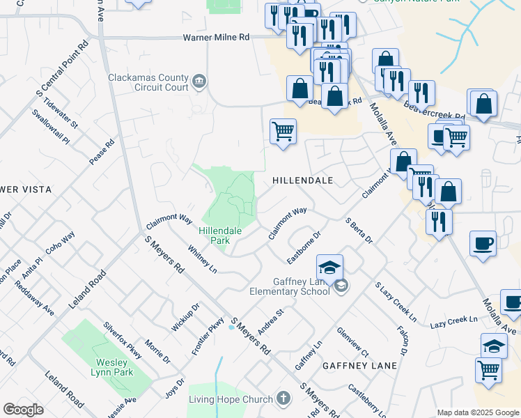 map of restaurants, bars, coffee shops, grocery stores, and more near 13216 Roseberry Avenue in Oregon City
