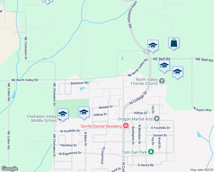 map of restaurants, bars, coffee shops, grocery stores, and more near 3896 North Chase Street in Newberg
