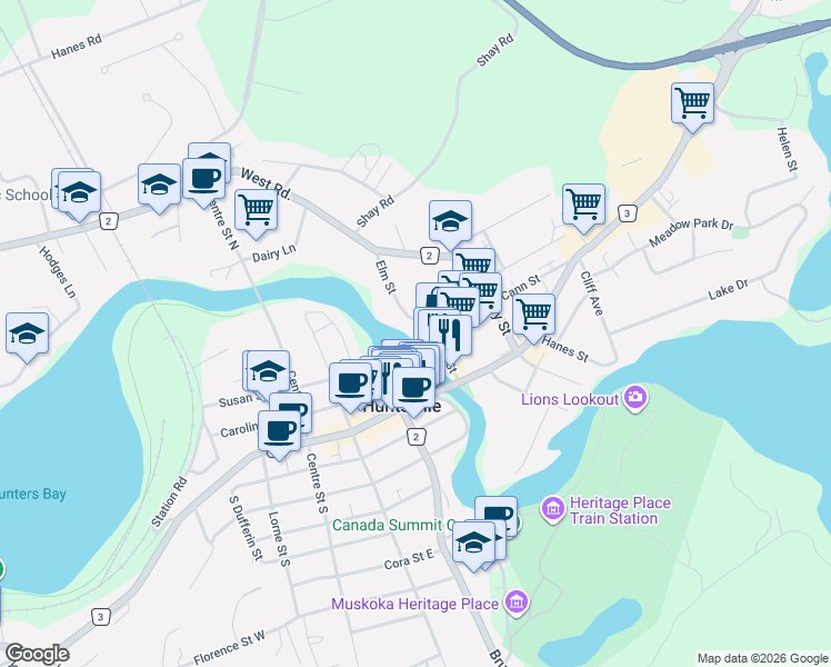 map of restaurants, bars, coffee shops, grocery stores, and more near 19 John Street in Huntsville
