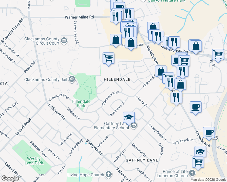 map of restaurants, bars, coffee shops, grocery stores, and more near 13323 Clairmont Way in Oregon City