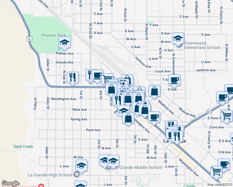 map of restaurants, bars, coffee shops, grocery stores, and more near 1010 Adams Avenue in La Grande