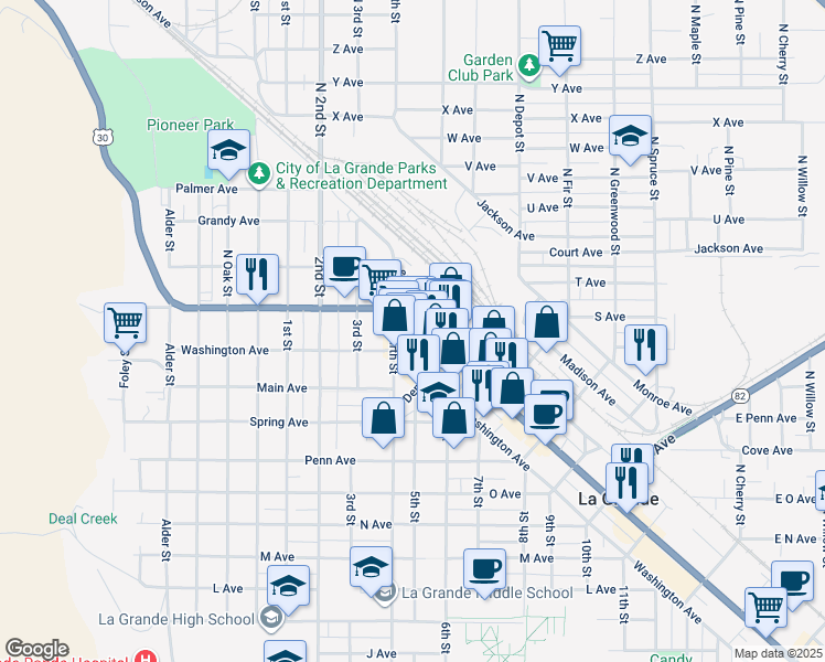 map of restaurants, bars, coffee shops, grocery stores, and more near 1010 Adams Avenue in La Grande