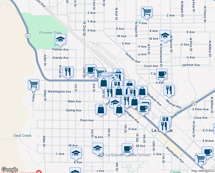 map of restaurants, bars, coffee shops, grocery stores, and more near 1008 Adams Avenue in La Grande