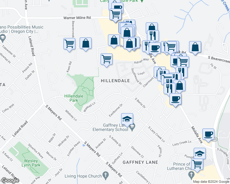 map of restaurants, bars, coffee shops, grocery stores, and more near 13347 Clairmont Way in Oregon City