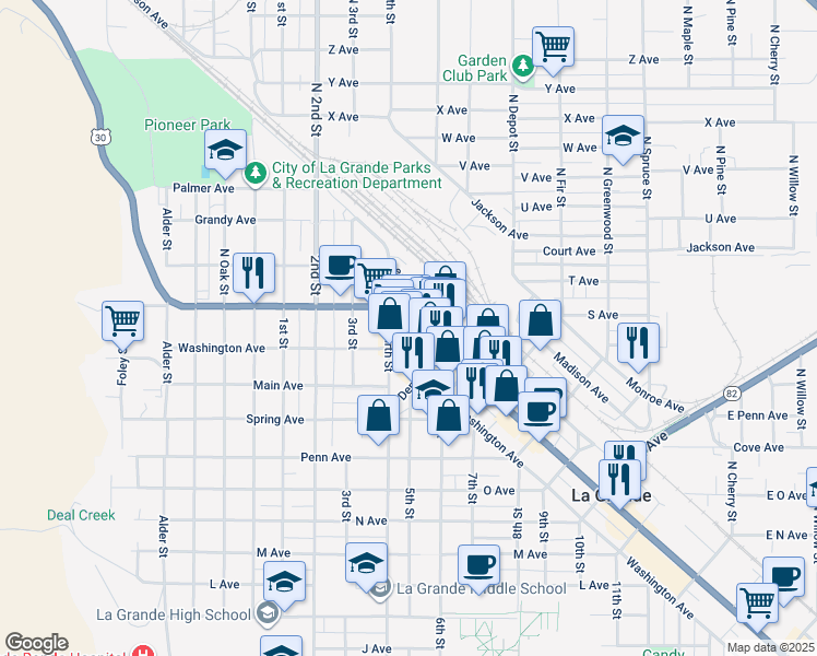 map of restaurants, bars, coffee shops, grocery stores, and more near 1120 Adams Avenue in La Grande