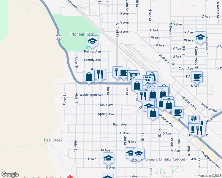 map of restaurants, bars, coffee shops, grocery stores, and more near 1810 2nd Street in La Grande
