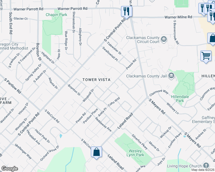 map of restaurants, bars, coffee shops, grocery stores, and more near 19139 South Pease Road in Oregon City
