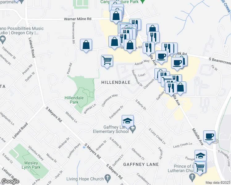 map of restaurants, bars, coffee shops, grocery stores, and more near 13345 Clairmont Way in Oregon City