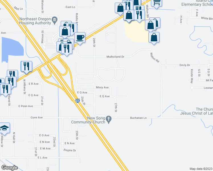 map of restaurants, bars, coffee shops, grocery stores, and more near 3003 Misty Avenue in La Grande