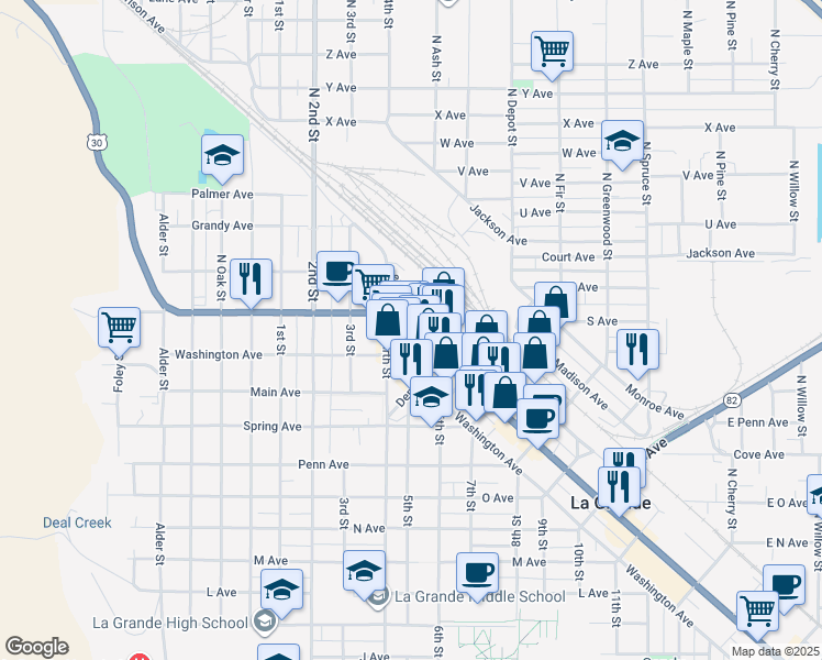 map of restaurants, bars, coffee shops, grocery stores, and more near 216 Chestnut Street in La Grande