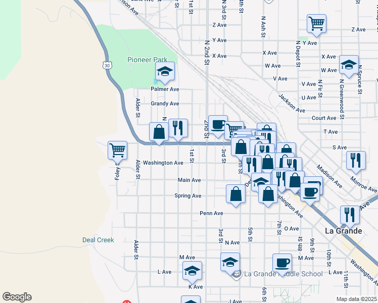 map of restaurants, bars, coffee shops, grocery stores, and more near 607 Adams Avenue in La Grande