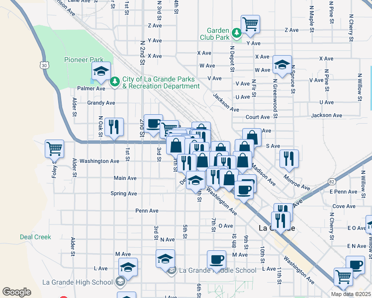map of restaurants, bars, coffee shops, grocery stores, and more near 206 Chestnut Street in La Grande