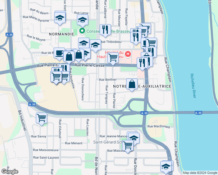 map of restaurants, bars, coffee shops, grocery stores, and more near 851 Rue Tanguay in Saint-Jean-sur-Richelieu