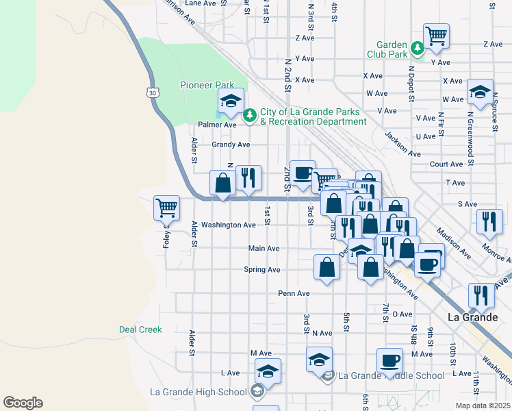 map of restaurants, bars, coffee shops, grocery stores, and more near 607 Adams Avenue in La Grande