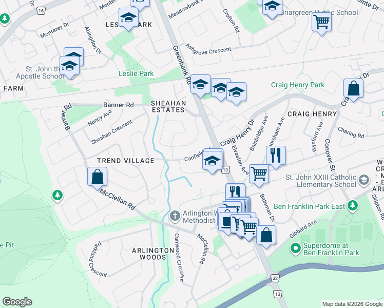 map of restaurants, bars, coffee shops, grocery stores, and more near 9 Canfield Road in Ottawa