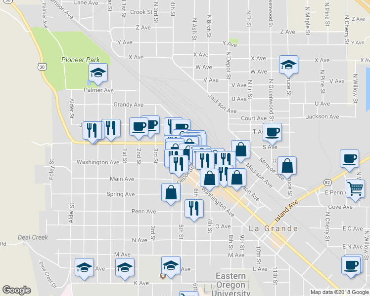 map of restaurants, bars, coffee shops, grocery stores, and more near 206 Chestnut Street in La Grande