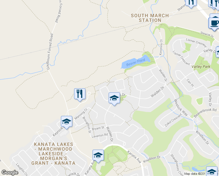 map of restaurants, bars, coffee shops, grocery stores, and more near 14 Ironside Court in Ottawa